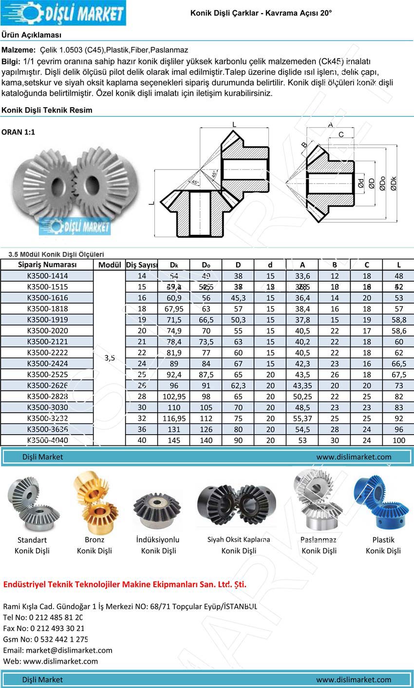 3.5 Modül 25 Diş Konik Dişli Ölçüleri